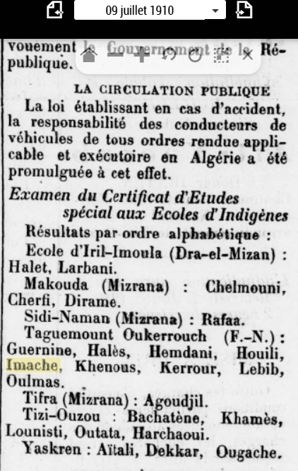 Résultats du certificat d’études spécial aux écoles indigènes publiés dans Le Petit Kabyle du 9 juillet 1910